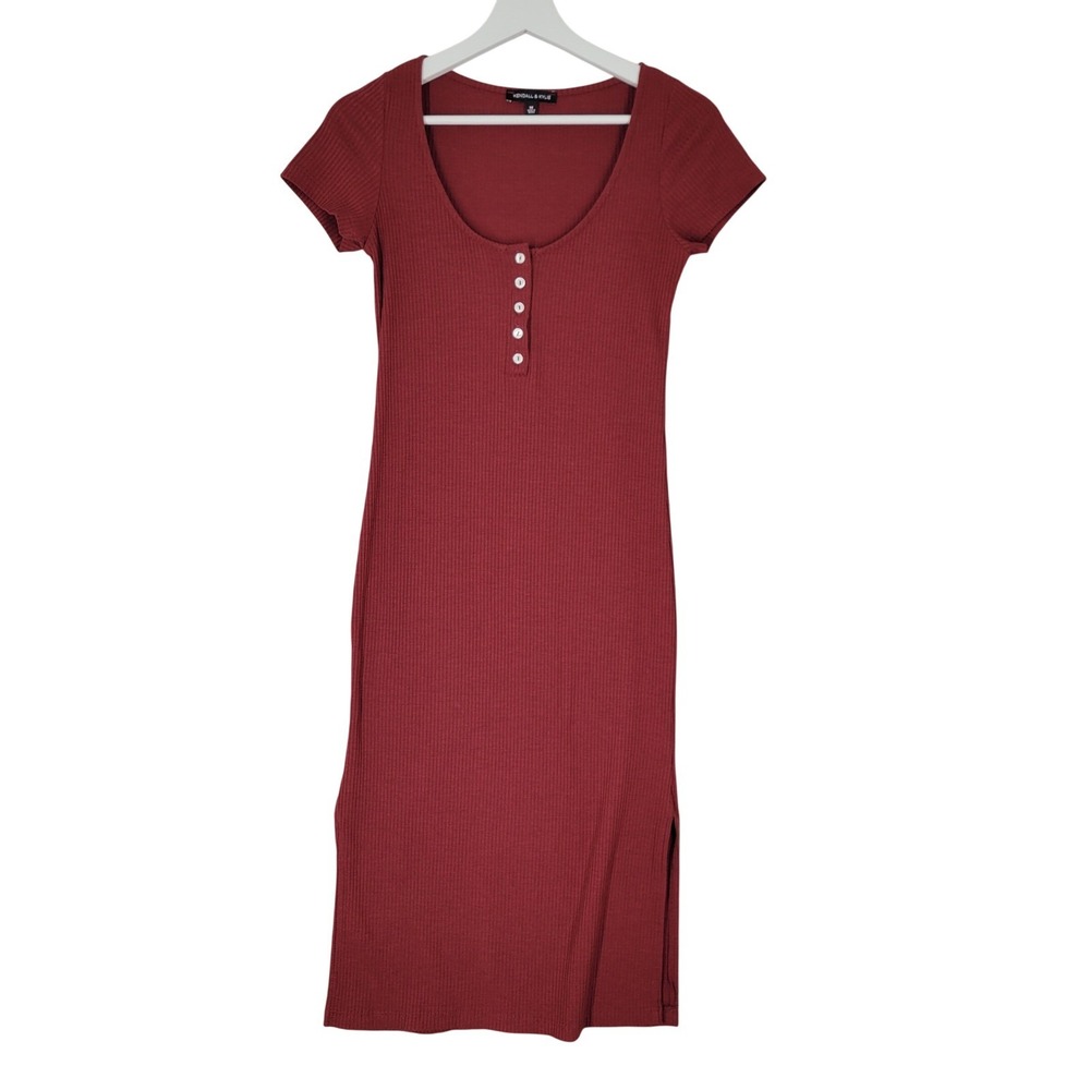 Kendall & Kylie Henley Midi Dress Womens Medium Burgundy Ribbed Side Slit